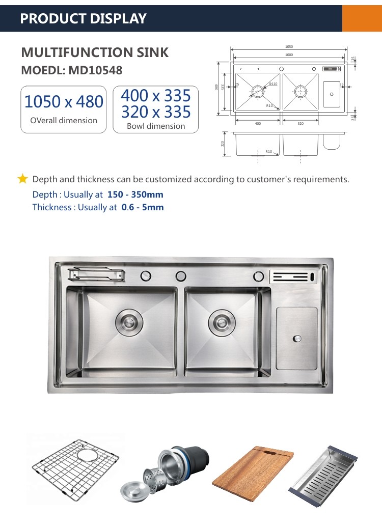 Topmount Apron Front Multifunction Sink 42' Double Bowl Knife Holder 105x48