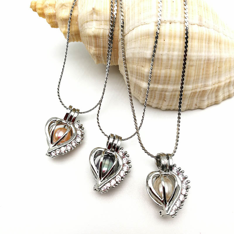 Top Grade Women Pearl Heart Cage Zircon Pendant Necklace for Birthday Gift