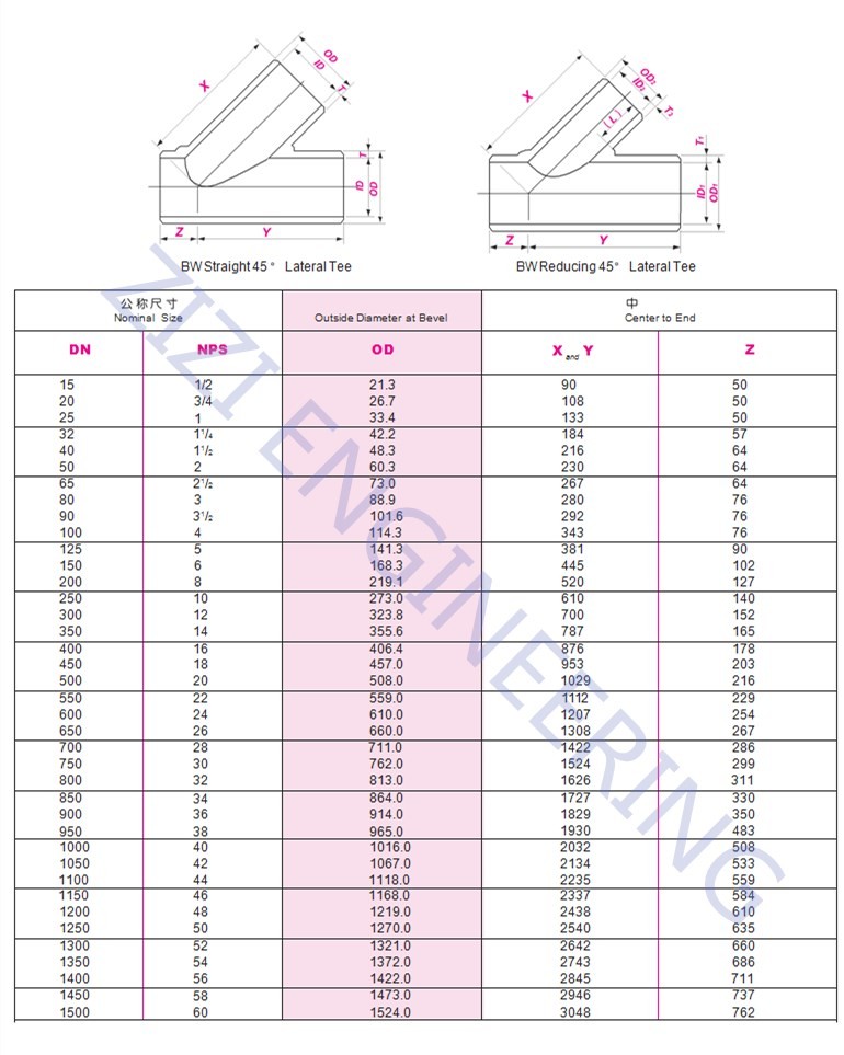 Stainless Steel 316 Butt Weld Tee Pipe Fittings Sch 80s 45 Degree Lateral Tee