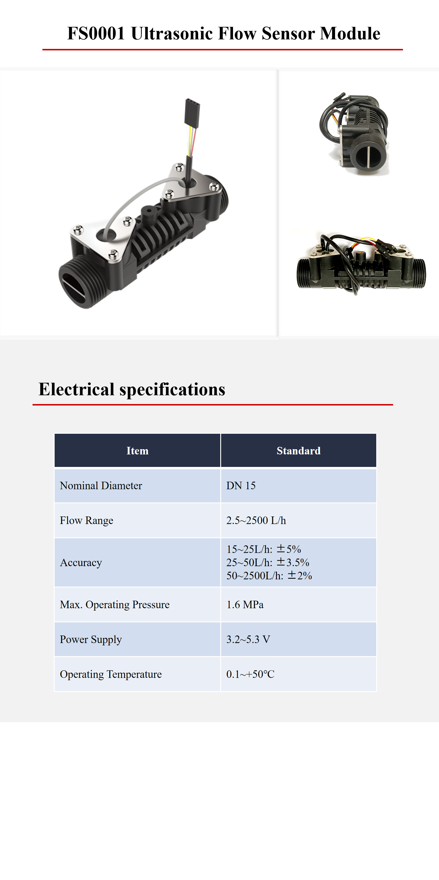 DN15 Ultrasonic Flow Sensor Module Piezoelectric Flow Transceiver 1.6MPa Pressure