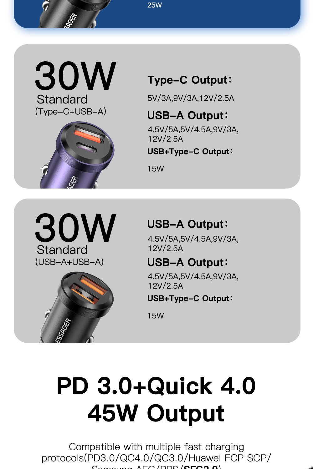 Essager 2022 Gyroscope Fasr 30W 45W Mini Car Charging 2 Port USB Type C Car Charger With Over-Charging Protection