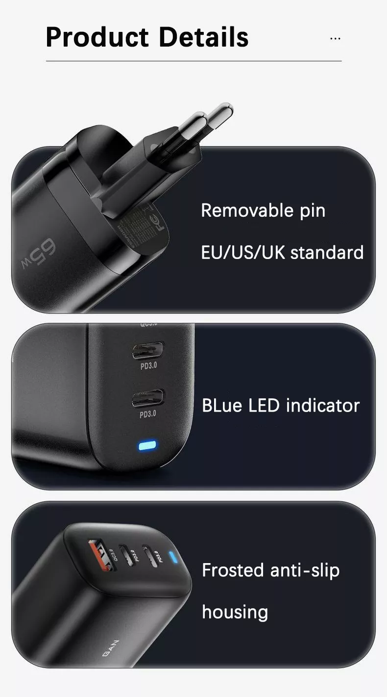 65W GaN 3 Ports USB Type-c Travel Adapter for High Speed Charging of Multiple Devices