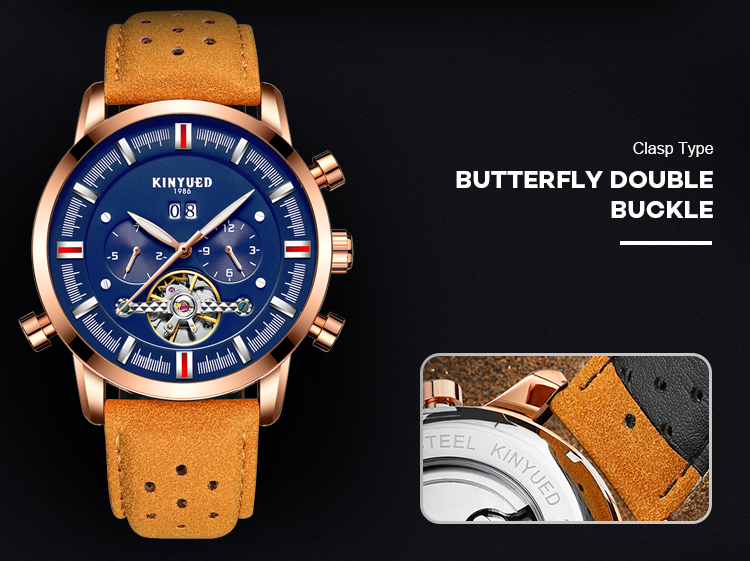 KINYUED J019-3 Private Label Gold Case Genuine Leather Auto Date Skeleton Tourbillon Automatic Mechanical Wristwatches