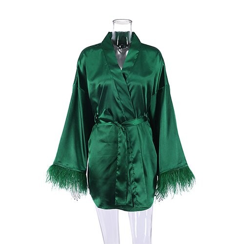 OEM maufactory Autumn Pajamas Sexy Bath Long Sleeved Feathers Satin Robe Pure Color French Leisure