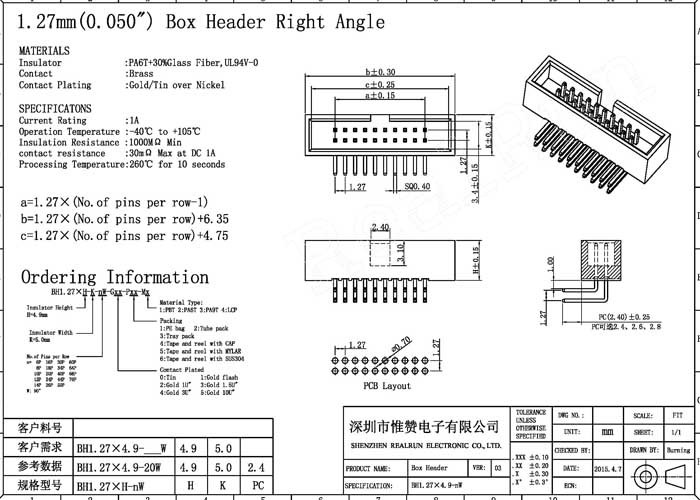 One Row Box Header Connector Right Angle Type PCB Board Gold Flash