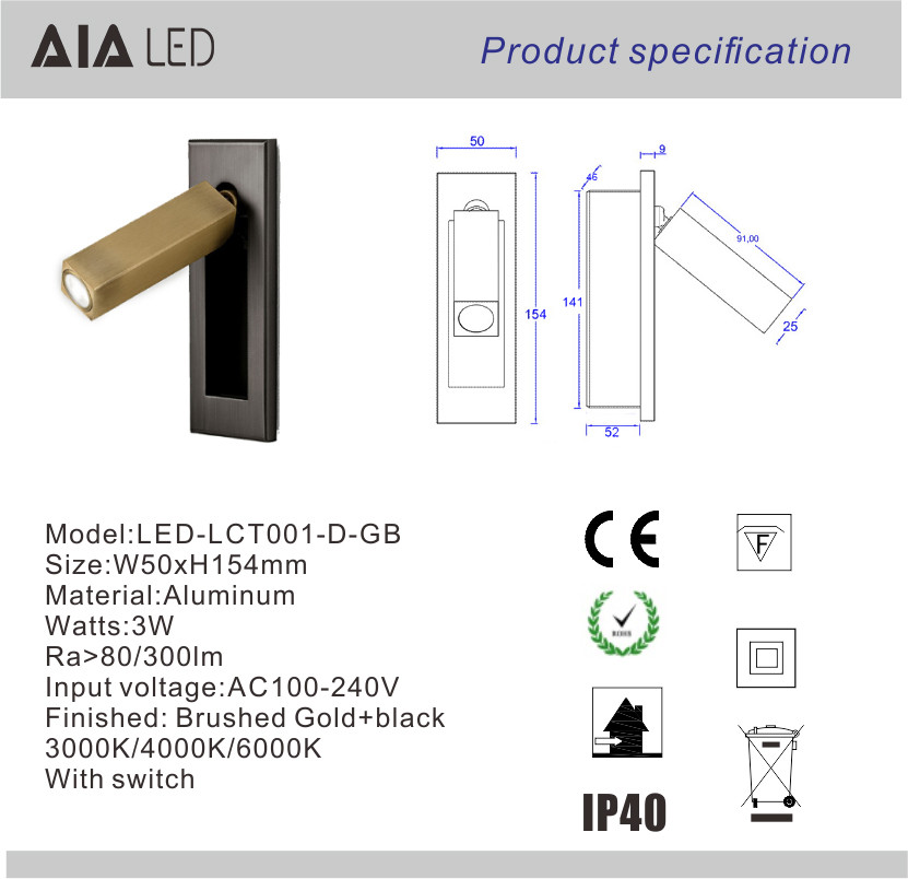 Rotating Recessed mounted bed sides light 3W led bed lighting reading light bed head wall lamp