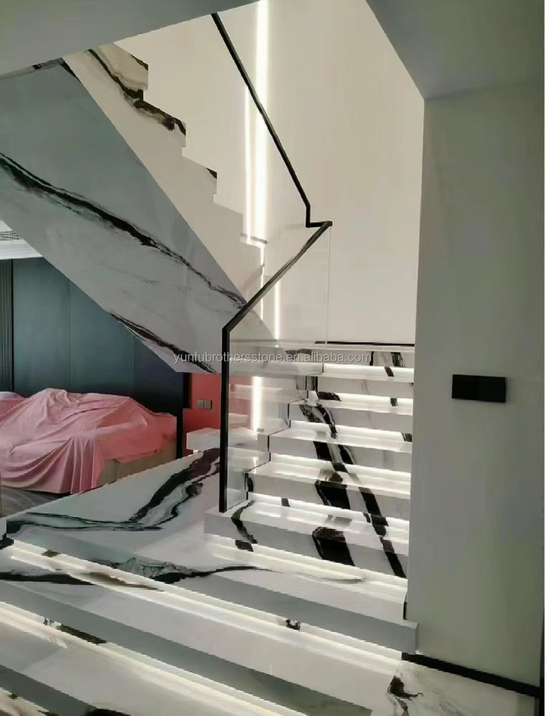 Bookmatched Panda White Marble Stair for Modern Interior Design in Professional Hotel