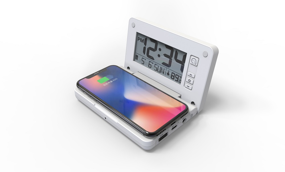 Qi Mobile Phone Wireless Charger With Thermometer Desktop Electric LCD Alarm Clock