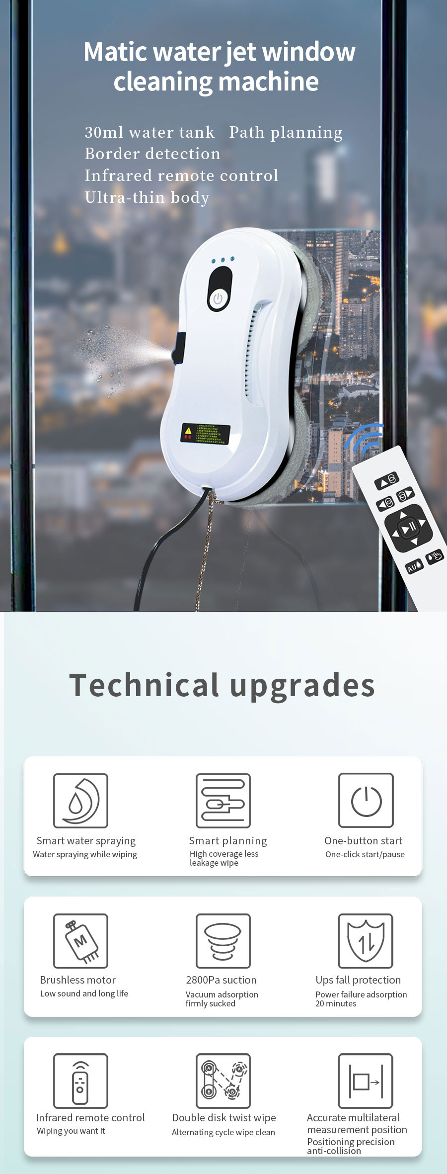 Remote Control Window Cleaner Robot 500mAh 2800Pa Pure Clean Robot Vacuum
