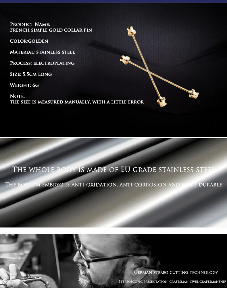 Average Yellow Custom Metal Accessories Collar Pin for Luxury Men's Suit Collection
