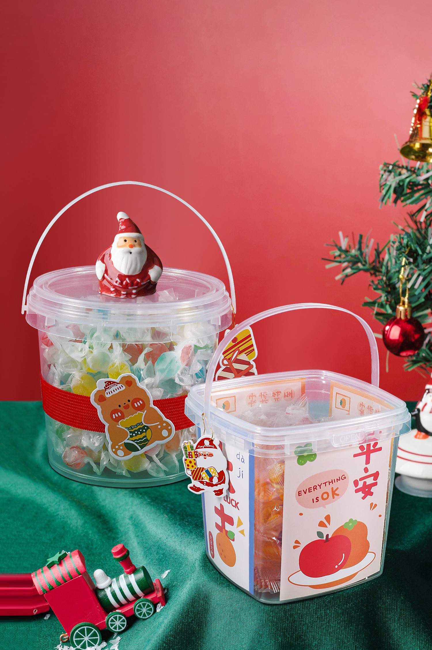 1L Thicken Decorative Round Plastic Buckets With Handle for Christmas Gift Toy Package