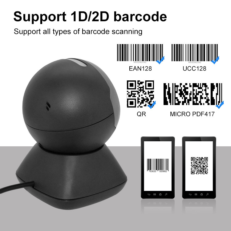 Table Top Omnidirectional Barcode Scanner USB Wired 1D 2D Hands Free QR Code Scanner