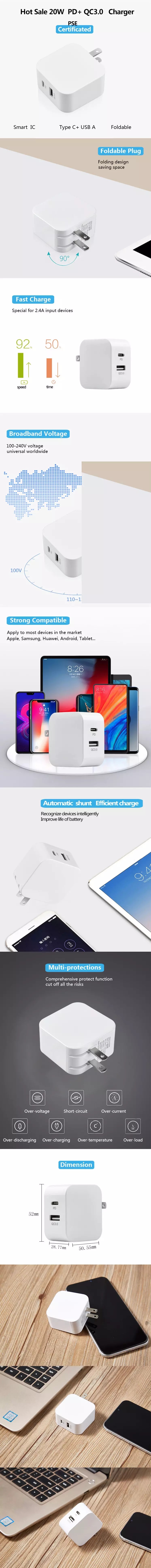 USB Type C 100-240V Dual Port Charger 20W Foldable Plug For IPhone 13 Pro Max