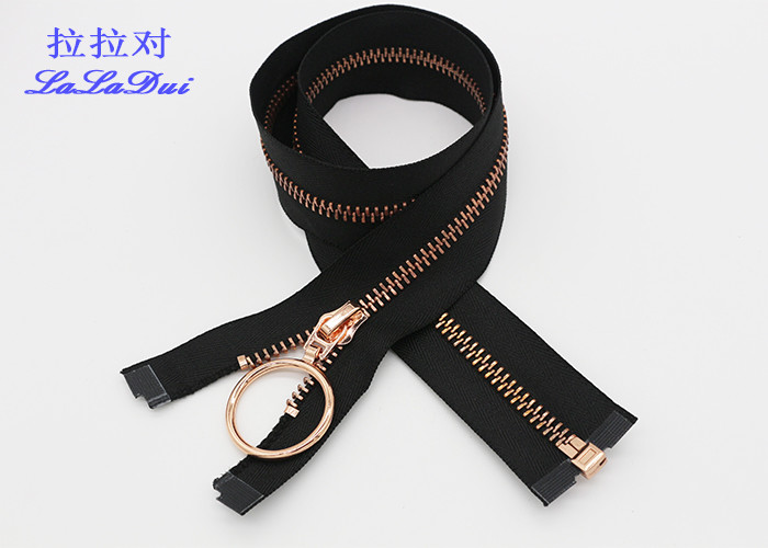 Rose Gold 30 Inch Metal Coat Zipper , Long Open Ended Zips With Auto Lock Slider And Hook Pull