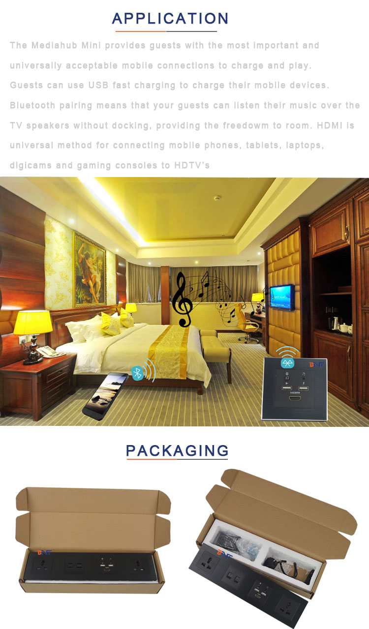 Aluminum panel wall mounted smart multimedia media hub for hotel