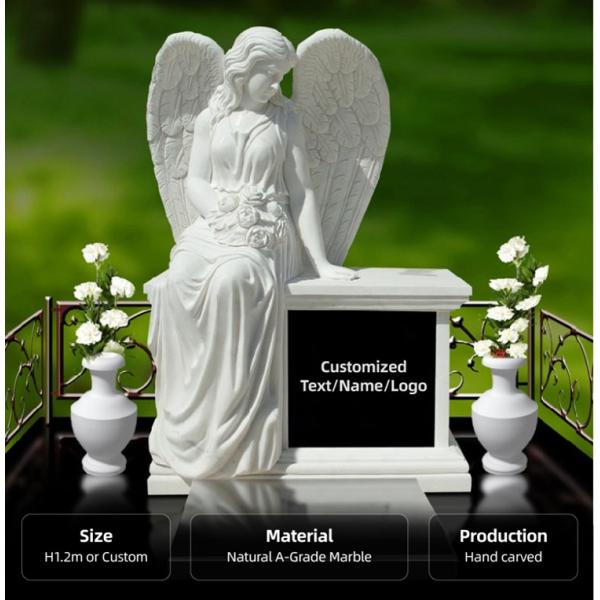 Modern Black Granite Double Angel Headstone Tombstone Cemetery Memorial Stone for Couple Engraved Heart Angel Wings Marble