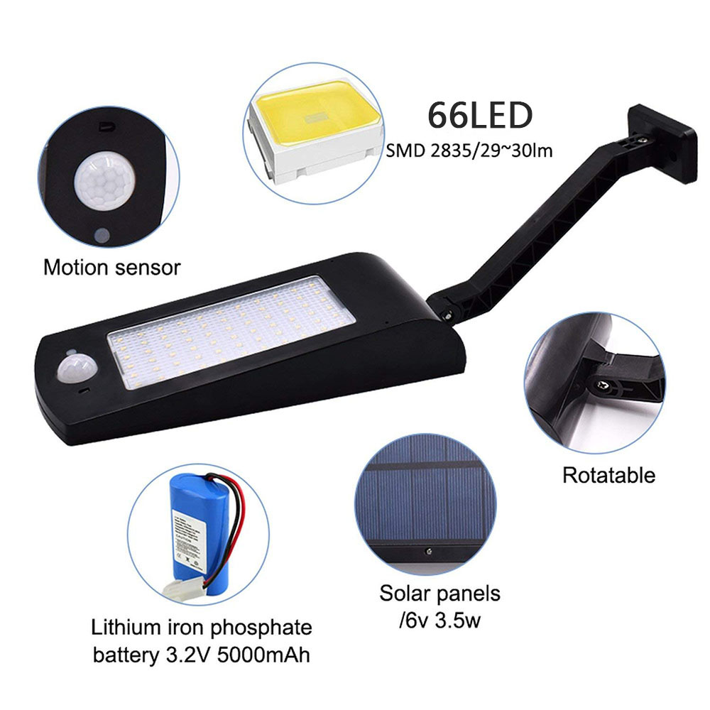 66LED 7W IP65 Solar Powered Parking Lot Lights Wall Mountable