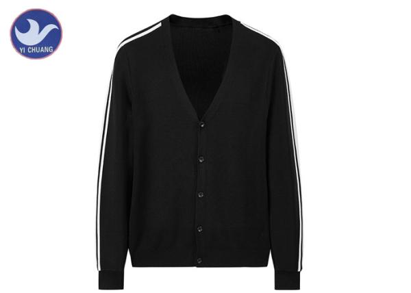 V Neck Mens Knit Cardigan Sweater Stripes In Shoulder / Sleeves Buttons Up