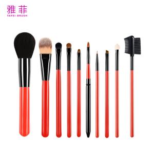 China 131A017210 Sleek Red Wooden Handle 10pcs Makeup Brush Set Private Logo wholesale
