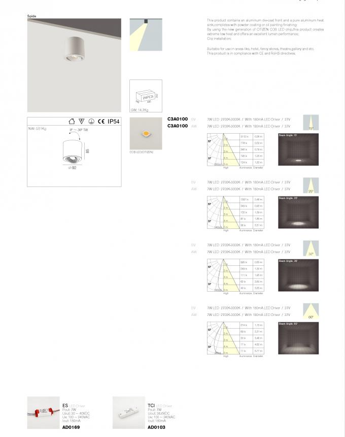 7W IP54 30 Tiltable Waterproof Outdoor Surface Mount Lights 24°Bean Angle