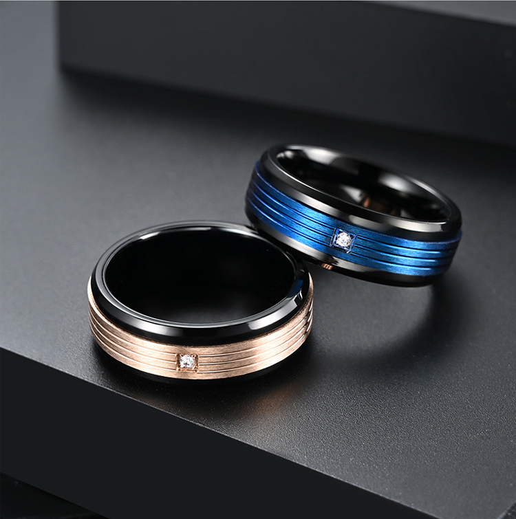 Inlaid Diamond Carbon Fiber Engagement Rings Jewelry Polish Black And Rose Gold