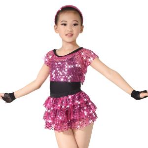 China Children Girls Dance Outfit Sequin Jazz Dance Clothes Sleeveless With Tank Top Tiers Skirt Black Leotard wholesale