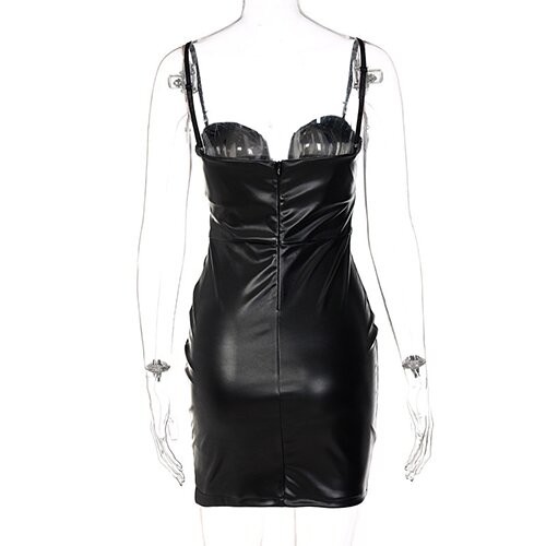 OEM maufactory New Women's Deep V -neck sleveless polyester Deep -back dress high -waist hip tight PU leather skirt