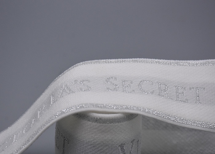 Clothing Customized 35mm White Jacquard Elastic Tape With Shiny Silver Logo