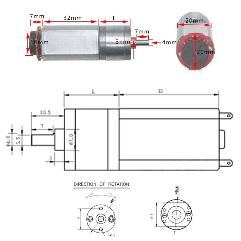 20mm Diameter Brush Small Gear Motor High Torque 480RPM Low Voltage DC 6V
