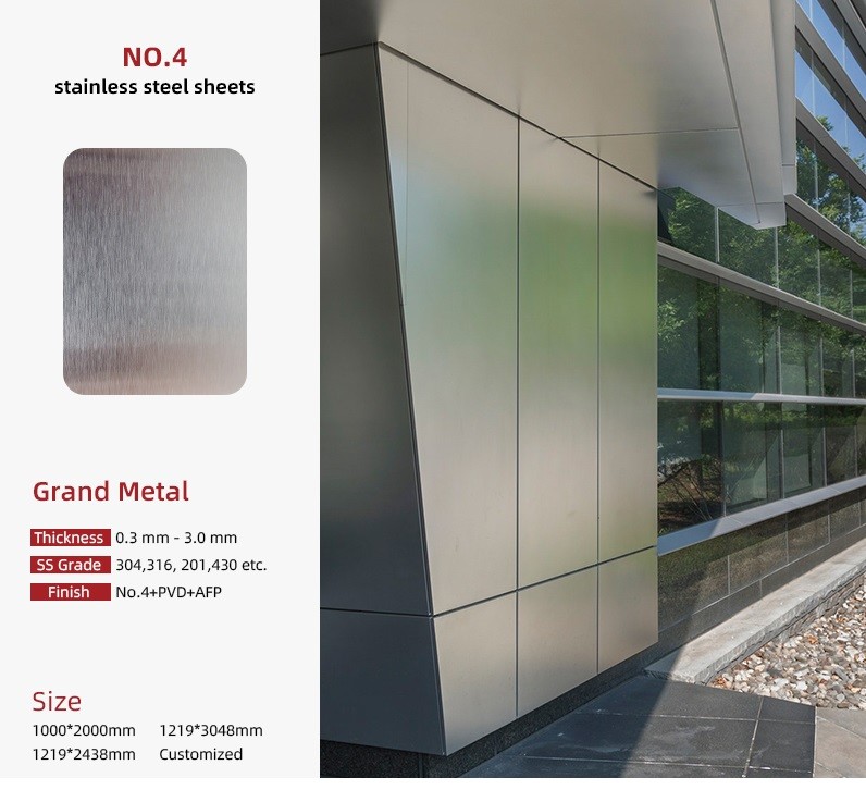 304/304L No 4 Finish Anti-fingerprint Stainless Steel Sheet With PVD Silver Coating For Exterior Wall Decoration