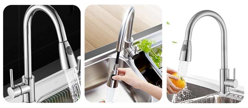 Single Hole Black Kitchen Faucets Stainless Steel Handle Material Pull Down Spray Type