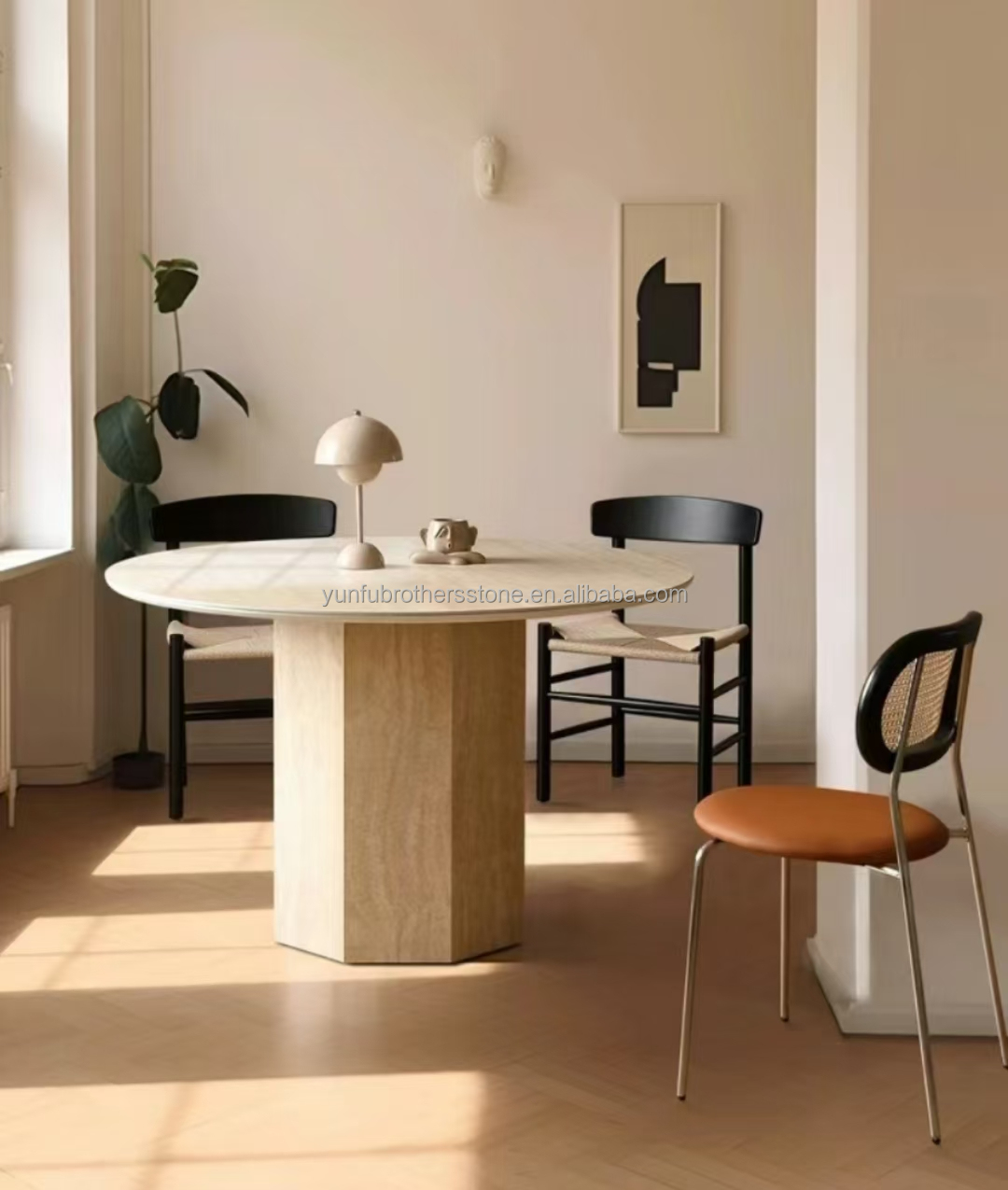 Polished Beige Round Travertine Dining Table Modern Stone Furniture for Living Room