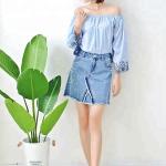 Fashionable Floral Off Shoulder Ladies Denim Top , Off Crop Sexy Denim Blouse