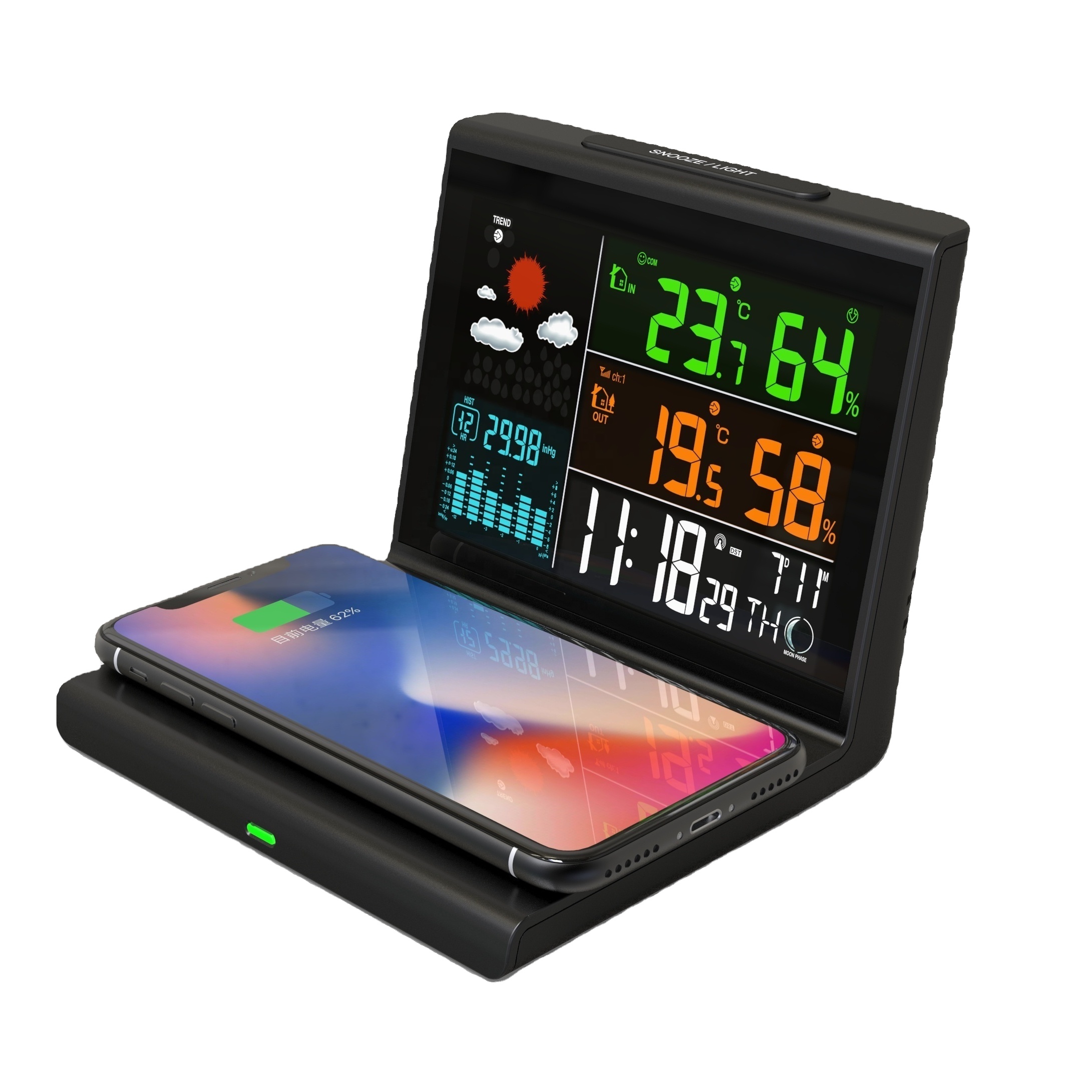 CE ROHS Home Weather Stations Plastic Wireless Weather Station With Wireless Charging Pad