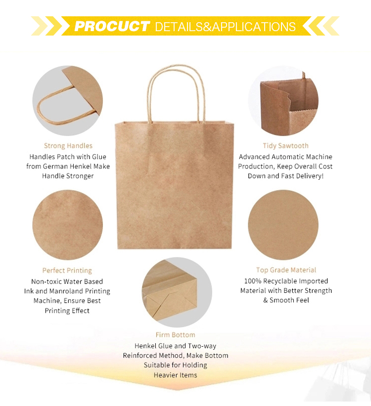Customized Logo Brown Kraft Paper Tote Bag for Birthday Party Clothing Gift Packaging