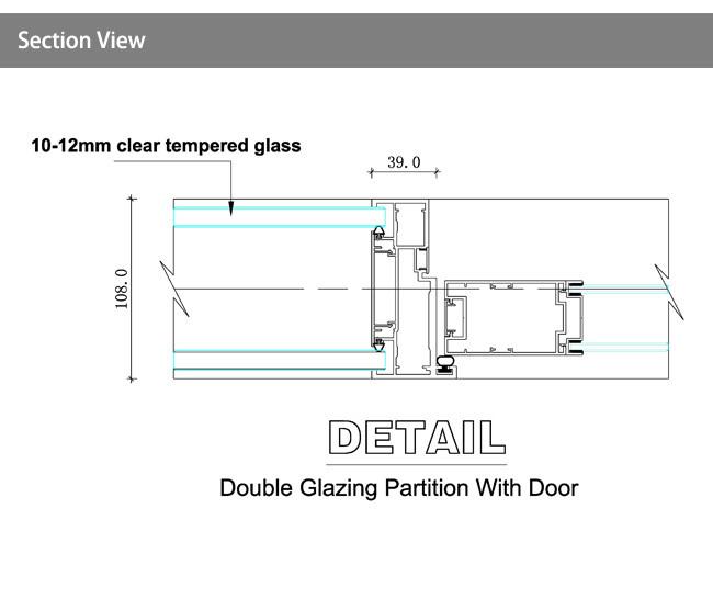 108mm Fully Glazed Transparent Glass Partition Wall System Customized Size