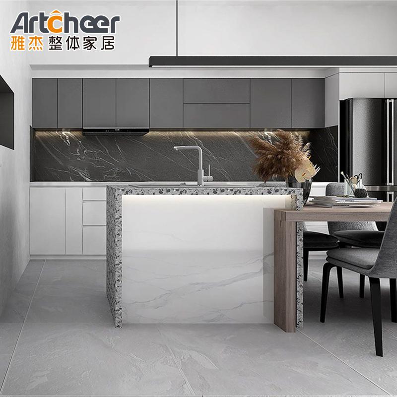 RTA Melamine Board Door Material High Gloss Kitchen Cabinet with Sintered Stone Table Top
