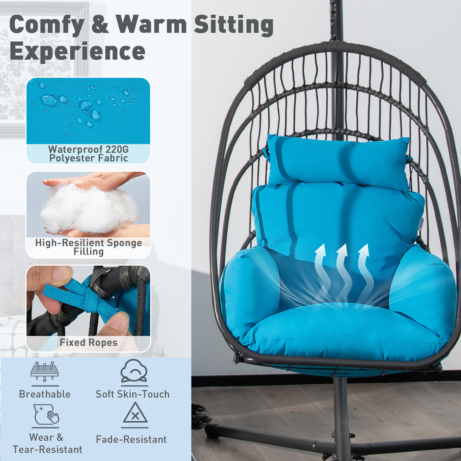 Modern Design Heavy Duty Steel Frame Hanging Chair with Polyester Cushion Fabric