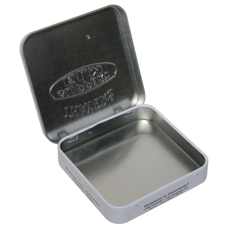 Embossed Thayer Tin Square Tin Container Small Mint Tin Box with Hinge