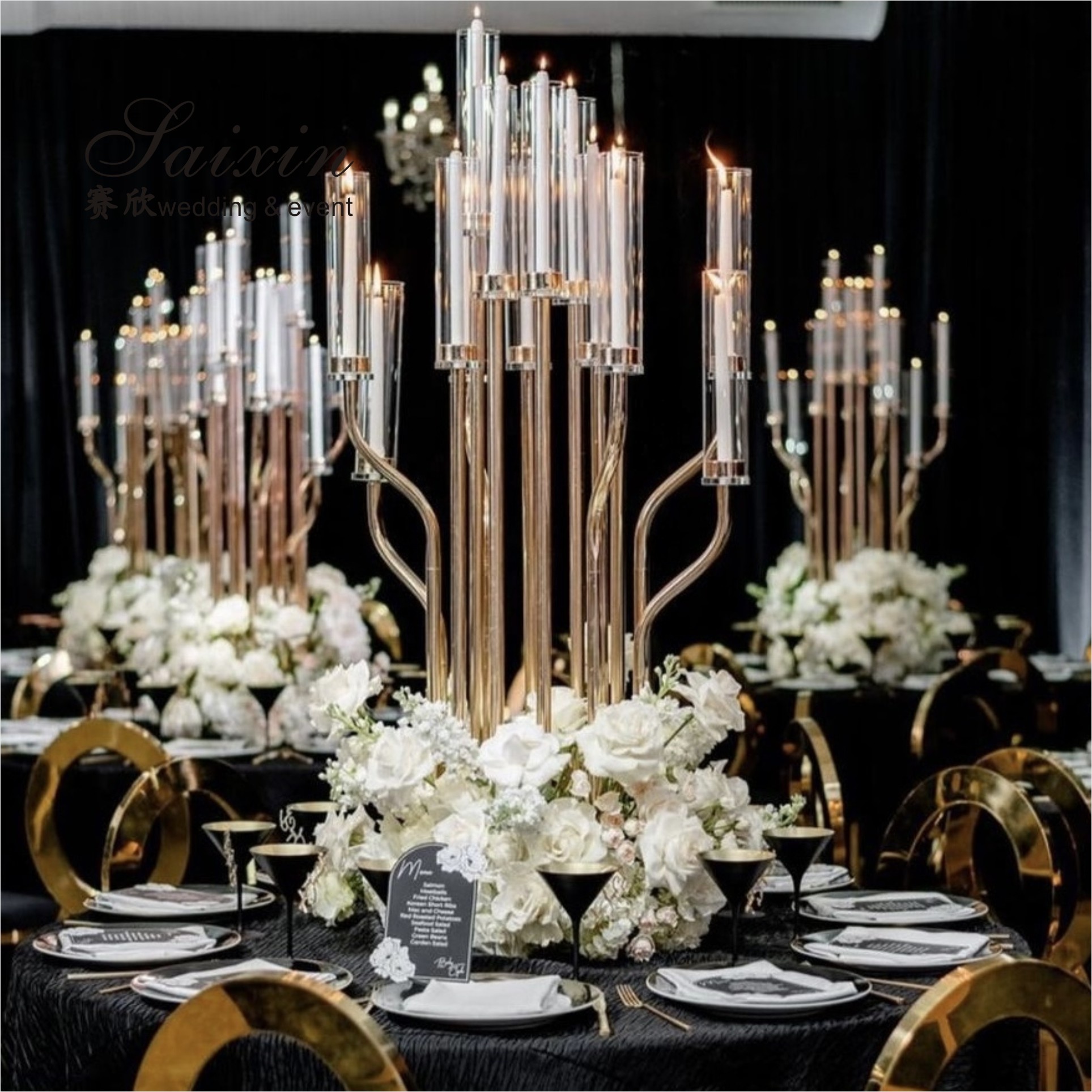 Gold Metal Flower Stand Wedding Outdoor 80cm Large Crystal Table Tree Centerpiece