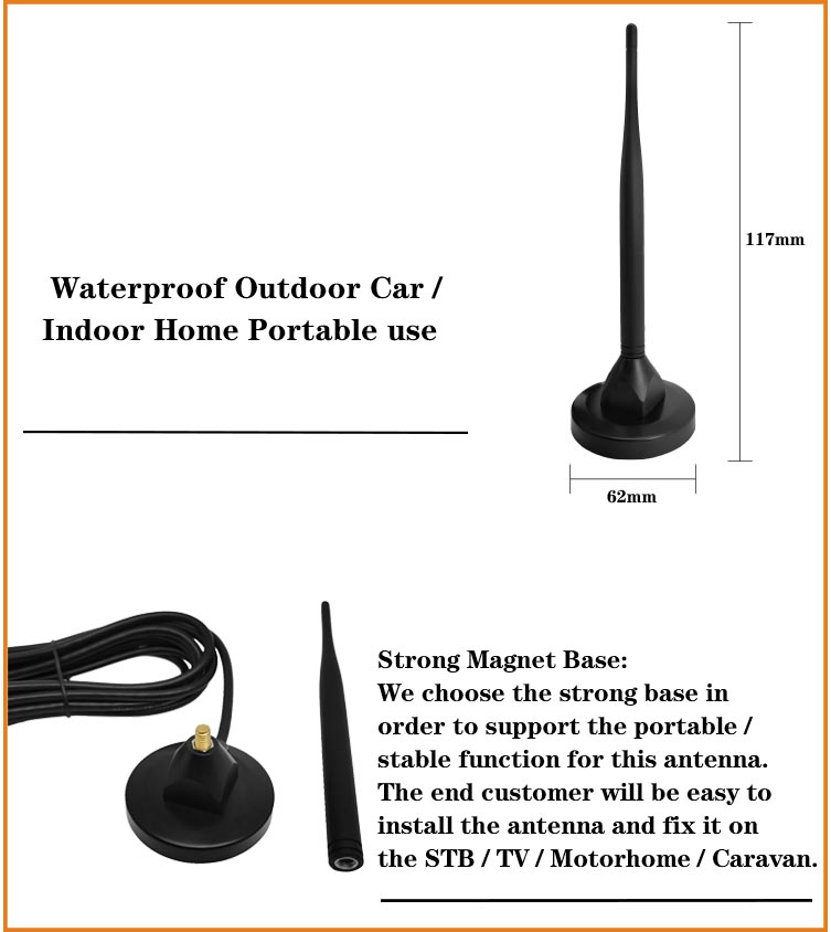 Strong Magnetic Base Amplified TV Antenna 1-2dBi Copper Alloy Whip