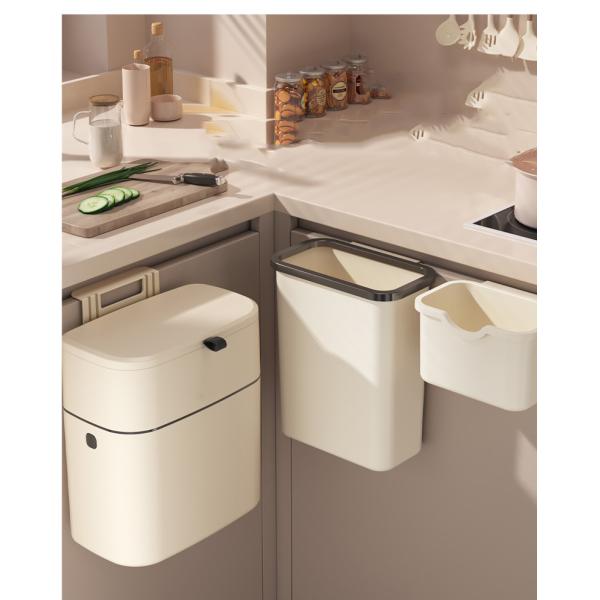 Kitchen Hanging Trash Can Household Cream White Traceless Adhesive Cabinet Trash Basket With Lid Household Wall Hanging