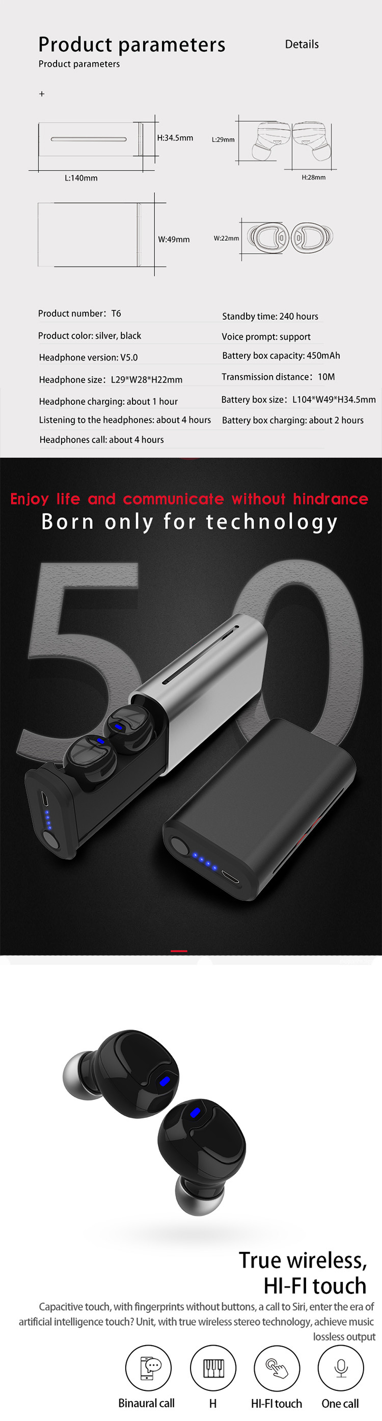 Mini Size True Wireless Stereo Earbuds Customized Package In Ear Type