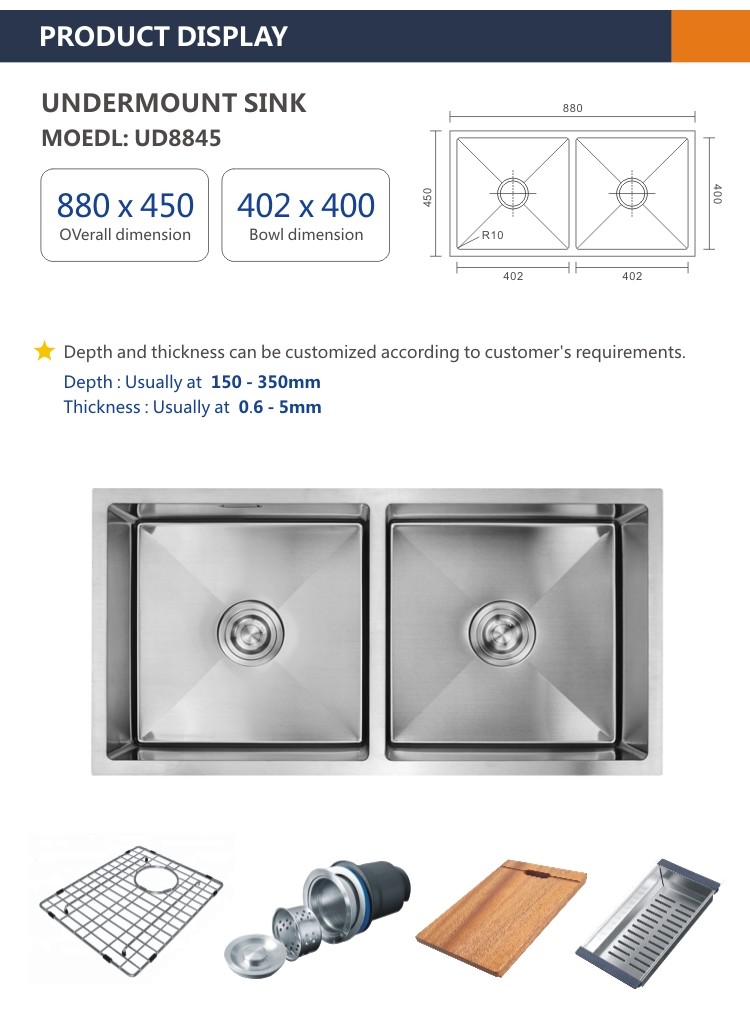 Rectangular Undermount Stainless Steel Kitchen Sink 16 Gauge 50/50 88x45