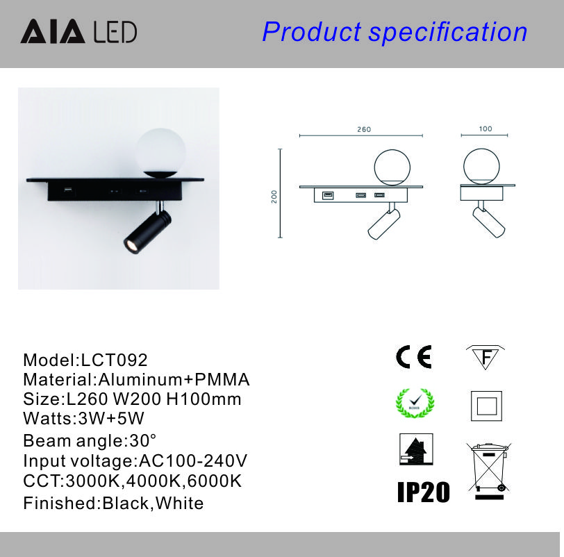 USB led reading light 3W beadboard wall lighting led bed lamp headboard acrylic ball light bedside wall lamp background