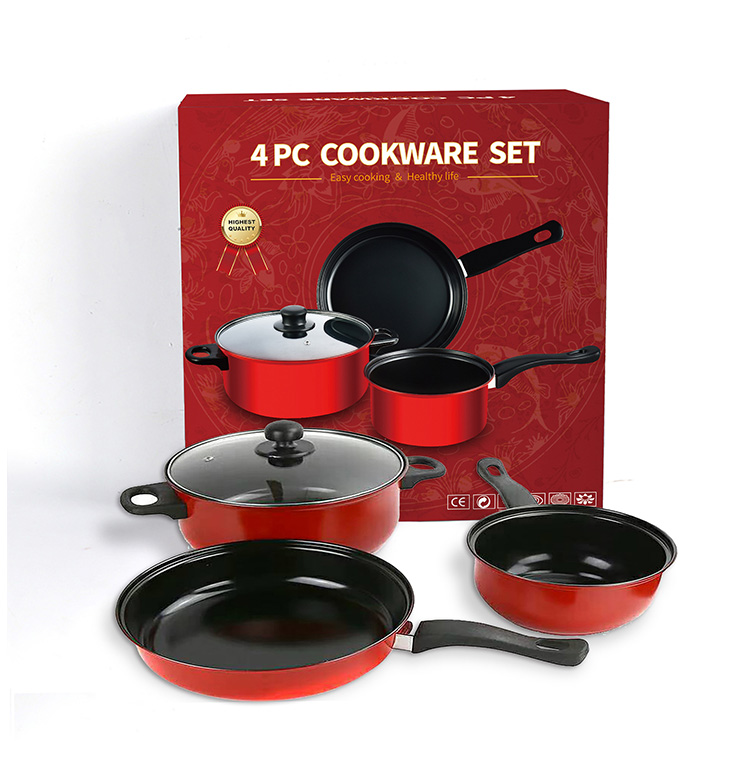 Multifunction Red 4 Pcs Kitchen Cast Iron Cookware Set Non Stick With Bakelite Handle