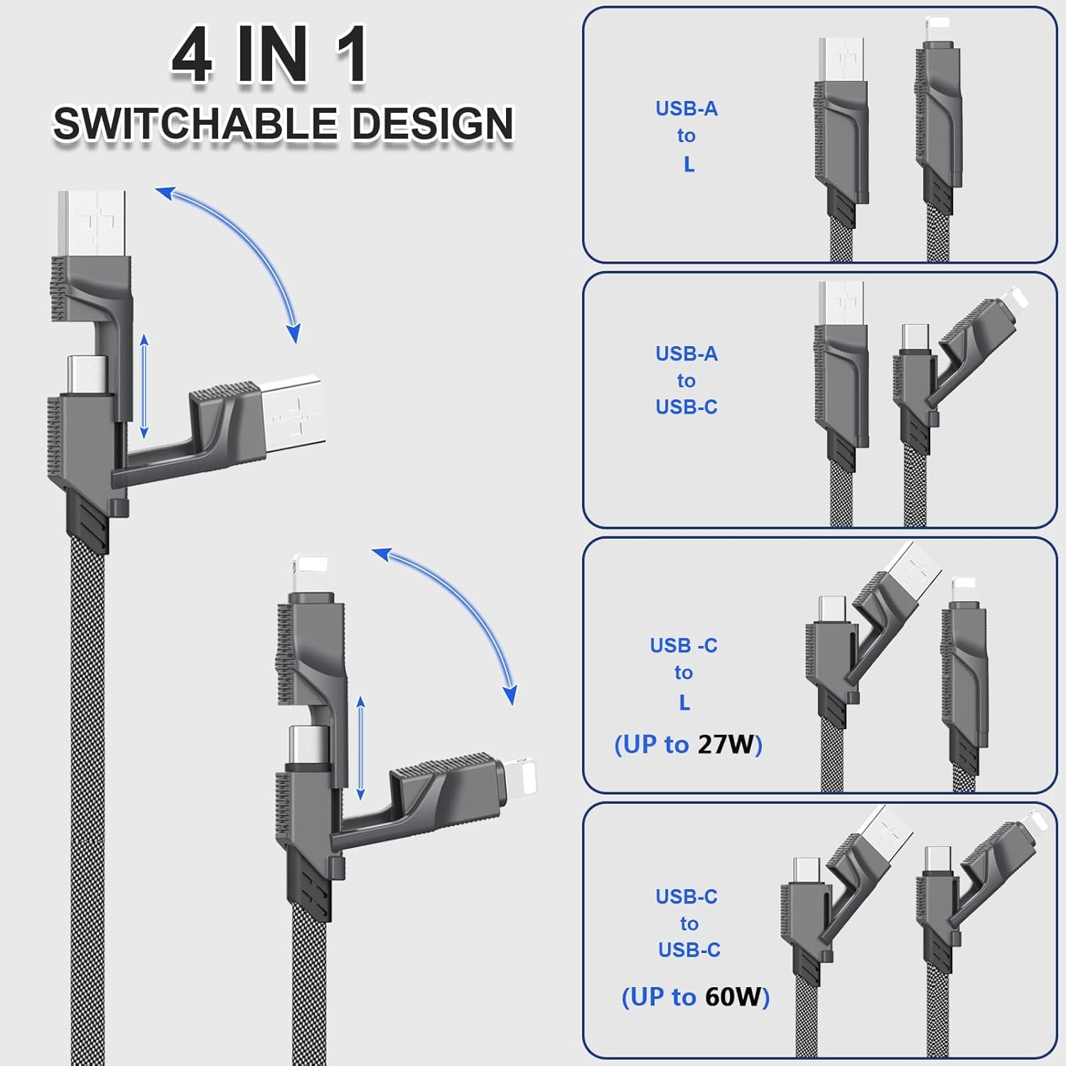 60W USB Fast Charging Cable Braided Dual Type C Cord 4 In 1 Multi Charging Cable
