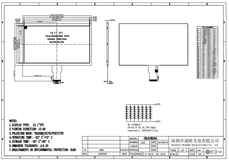 10.1 Inch IPS LCD Display 1024x600 101 Screen With RGB Interface