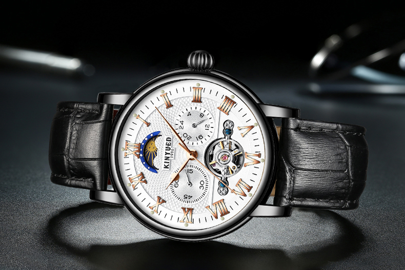 Luxury Brand KINYUED Watches Tourbillon Automatic Movement With Moon Phase Mens Automatic Mechanical Watch