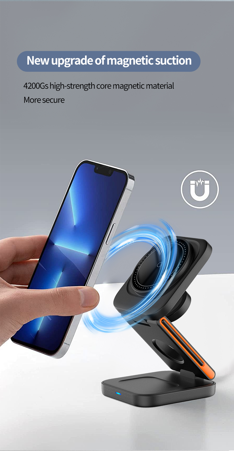 Mobile Phone Stand 3-in-1 Foldable Magnetic Wireless Charger with Over-Charging Protection and USB-Type C Input Port